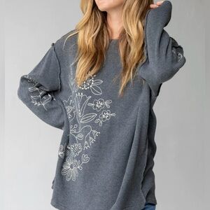 NATURAL LIFE Charcoal with White Embroidery Waffle Knit Crewneck - Size L/XL